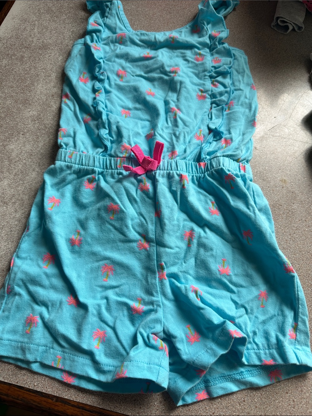 Girls' Turquoise Palm Tree Ruffle Romper with Pink Bow